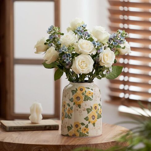 Green and White Vintage Ceramic Vase, 9.1 Inch Ice Glazed Crack Chinoiserie Rustic Floral vases, Green and Beige Large Pastoral Farmhouse Flower Vase for Tuscan Home Decor (D 6" X H 9.1") in Saudi Arabia