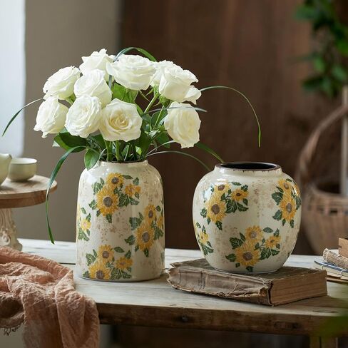 Green and White Vintage Ceramic Vase, 9.1 Inch Ice Glazed Crack Chinoiserie Rustic Floral vases, Green and Beige Large Pastoral Farmhouse Flower Vase for Tuscan Home Decor (D 6" X H 9.1") in Saudi Arabia