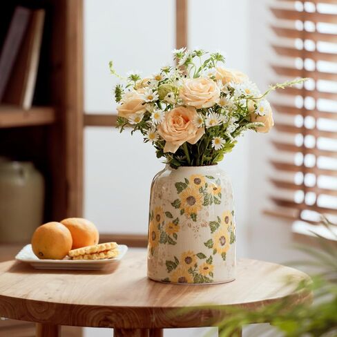 Green and White Vintage Ceramic Vase, 9.1 Inch Ice Glazed Crack Chinoiserie Rustic Floral vases, Green and Beige Large Pastoral Farmhouse Flower Vase for Tuscan Home Decor (D 6" X H 9.1") in Saudi Arabia