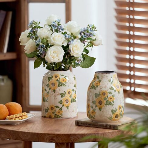 Green and White Vintage Ceramic Vase, 9.1 Inch Ice Glazed Crack Chinoiserie Rustic Floral vases, Green and Beige Large Pastoral Farmhouse Flower Vase for Tuscan Home Decor (D 6" X H 9.1") in Saudi Arabia