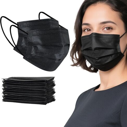 akgk 100 قطعة من أقنعة الوجه للاستعمال مرة واحدة، قناع الوجه الأسود، قناع 3 طبقات للاستعمال مرة واحدة in Kuwait