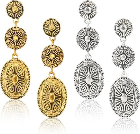 2 Pairs Western Country Earrings, Vintage Concho Jewelry Oval Synthetic Turquoise Dangle Earrings Fashion Accessories for Women Cowgirl Country Concert Outfit (Gold, Silver) in Saudi Arabia