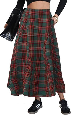 EXLURA Womens Flannel Plaid Long Skirts High Waist A Line Flared Pleated Maxi Skirt Dress Casual Vintage Office with Pockets in Saudi Arabia