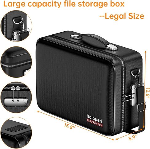 Fireproof File Organizer with Fireproof Zipper,Fireproof Document Box Hard Case with Lock,Portable Document Safe for Important Document Laptop Valuables(Black,15.8"x4.8"x12.6") in Saudi Arabia