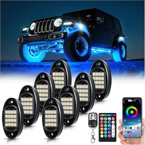 12 PODS RGBW LED ROCK LIGHTS للشاحنات UTV GOLF CART ATV SUV Pickup Offroad RV ، مجموعة Underglow Multiclor المقاومة للماء للسيارة مع APP/RF التحكم عن بُعد مزامنة موسيقى النيون NEON UNDBORY LIGHT 12V in Kuwait