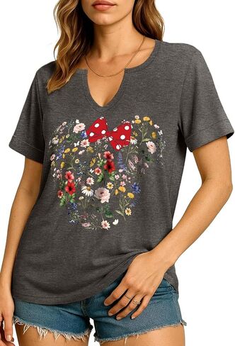 Flafens V Neck T-Shirts for Women - Graphic Short Sleeve Tees Tops Fashion Trendy Soft Casual Summer Outfits Clothes in Kuwait