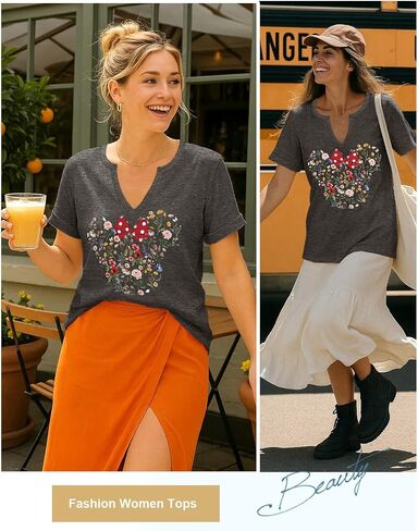 Flafens V Neck T-Shirts for Women - Graphic Short Sleeve Tees Tops Fashion Trendy Soft Casual Summer Outfits Clothes in Kuwait