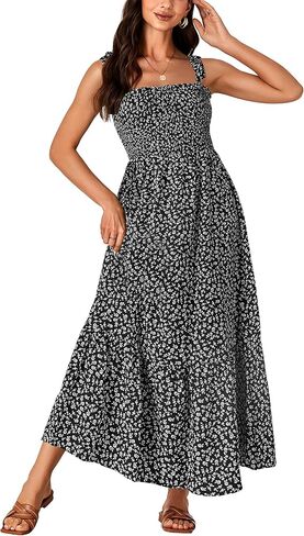 Rooscier Women's Square Neck Sleeveless Smocked Ruffle A Line Beach Sundress Long Maxi Dress in Saudi Arabia