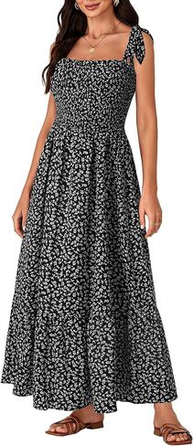 Rooscier Women's Square Neck Sleeveless Smocked Ruffle A Line Beach Sundress Long Maxi Dress in Saudi Arabia