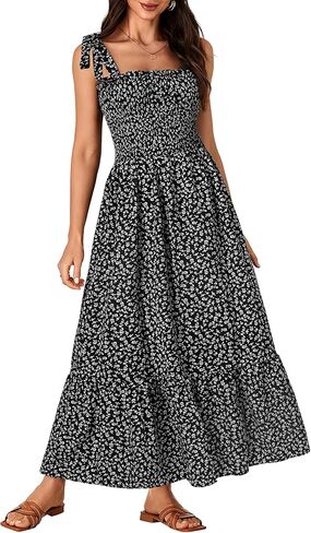 Rooscier Women's Square Neck Sleeveless Smocked Ruffle A Line Beach Sundress Long Maxi Dress in Saudi Arabia