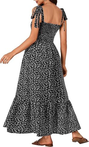 Rooscier Women's Square Neck Sleeveless Smocked Ruffle A Line Beach Sundress Long Maxi Dress in Saudi Arabia