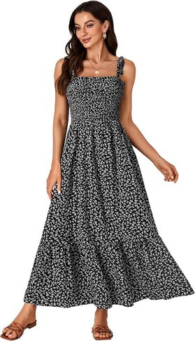 Rooscier Women's Square Neck Sleeveless Smocked Ruffle A Line Beach Sundress Long Maxi Dress in Saudi Arabia