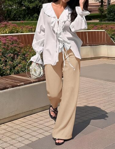 MEROKEETY Women's Wide Leg Palazzo Pants Flowy Pleated Elastic High Waisted Casual Trousers with Pockets in Saudi Arabia