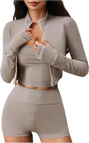 SweatyRocks Women's 3 قطعة تمرين مجموعات التحكم في البطن راكب الدراجة النارية يوجا شورتات طماق كاميسول مع جاكيت التتبع in Kuwait