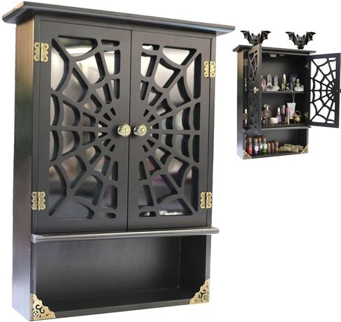 16'' Tall Solid Wood Gothic Cabinet with 2 Transparent Spider Web Doors Display - Small Novelty Halloween Shelf, Goth Floating Shelves Wall Decor Easy Hanging - Pre-Assembled in Kuwait