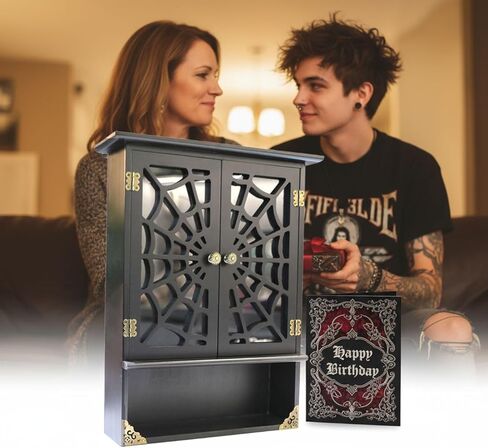16'' Tall Solid Wood Gothic Cabinet with 2 Transparent Spider Web Doors Display - Small Novelty Halloween Shelf, Goth Floating Shelves Wall Decor Easy Hanging - Pre-Assembled in Kuwait