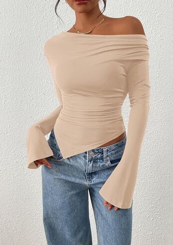 PRETTYGARDEN Womens Bell Long Sleeve Shirts Casual Cowl Neck Asymmetrical Slim Fit Crop Tops Y2K Going Out Fall Clothes in Saudi Arabia