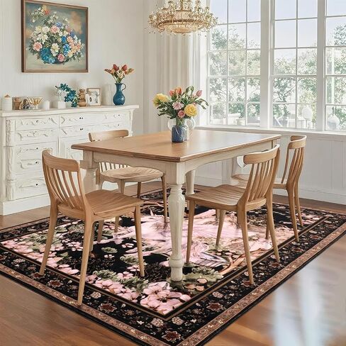 Pink Floral Area Rugs 5x7ft, Boho Washable Rugs for Living Room, Soft Flower Bedroom Carpets, Large Medallion Area Floor Carpet for Dining Room Kids Nursery Room Playroom Home Office Spring in Saudi Arabia