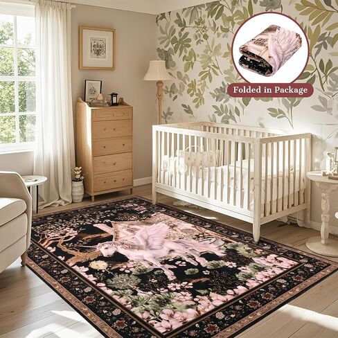 Pink Floral Area Rugs 5x7ft, Boho Washable Rugs for Living Room, Soft Flower Bedroom Carpets, Large Medallion Area Floor Carpet for Dining Room Kids Nursery Room Playroom Home Office Spring in Saudi Arabia