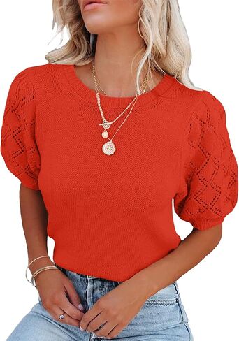 Women's Short Sleeve Knit Tops Soft Puff Sleeve Lightweight Sweaters for Casual and Work in Saudi Arabia