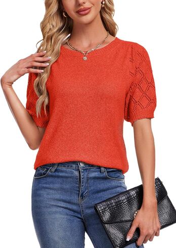 Women's Short Sleeve Knit Tops Soft Puff Sleeve Lightweight Sweaters for Casual and Work in Saudi Arabia