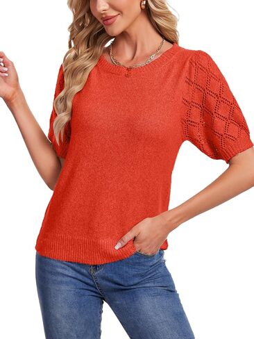 Women's Short Sleeve Knit Tops Soft Puff Sleeve Lightweight Sweaters for Casual and Work in Saudi Arabia