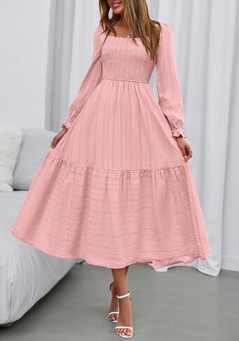 BTFBM Women Maxi Fall Dresses 2025 Long Slight Soid Square Square Neck Smoocked Boho Long Wedding Guest Dress in Saudi Arabia