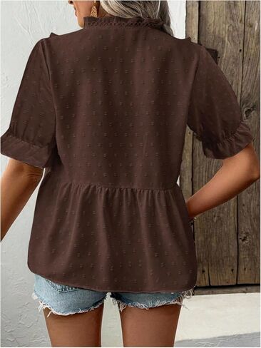 SweatyRocks Women's Plus Size Short Sleeve Peplum Blouse Frilled V Neck Swiss Dots Tops in Kuwait