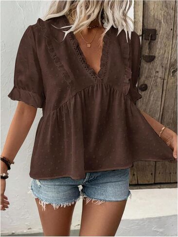 SweatyRocks Women's Plus Size Short Sleeve Peplum Blouse Frilled V Neck Swiss Dots Tops in Kuwait