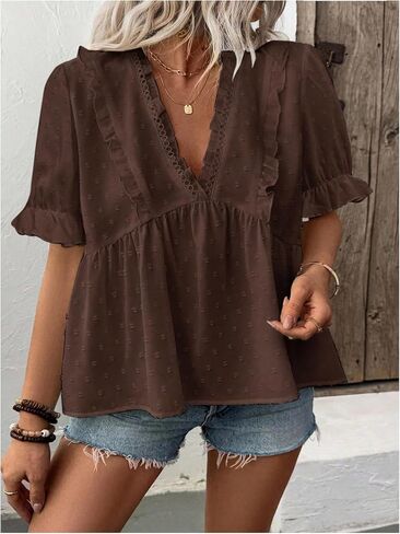 SweatyRocks Women's Plus Size Short Sleeve Peplum Blouse Frilled V Neck Swiss Dots Tops in Kuwait