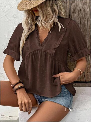 SweatyRocks Women's Plus Size Short Sleeve Peplum Blouse Frilled V Neck Swiss Dots Tops in Kuwait