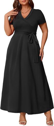 Runwind Women’s Plus Size Maxi Dress Short Sleeve Casusl Summer Long Dress Solid V-Neck Oversized Dresses in Saudi Arabia