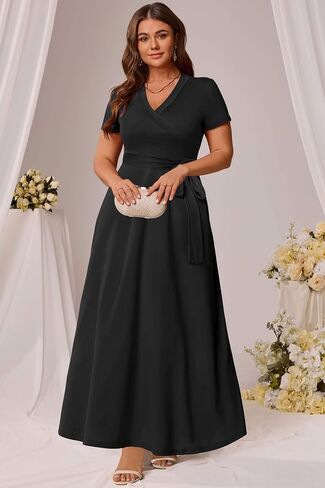 Runwind Women’s Plus Size Maxi Dress Short Sleeve Casusl Summer Long Dress Solid V-Neck Oversized Dresses in Saudi Arabia