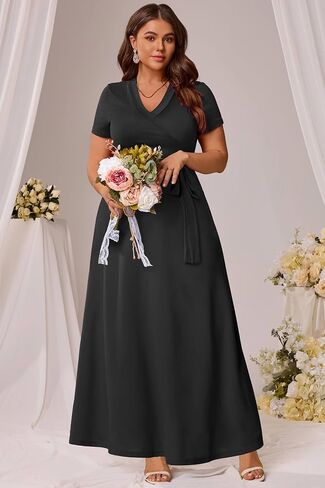 Runwind Women’s Plus Size Maxi Dress Short Sleeve Casusl Summer Long Dress Solid V-Neck Oversized Dresses in Saudi Arabia