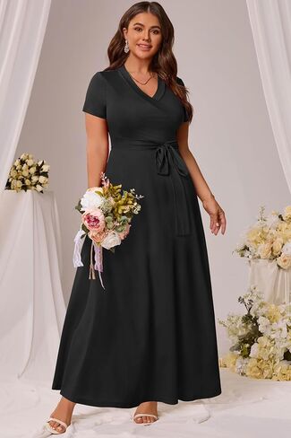 Runwind Women’s Plus Size Maxi Dress Short Sleeve Casusl Summer Long Dress Solid V-Neck Oversized Dresses in Saudi Arabia