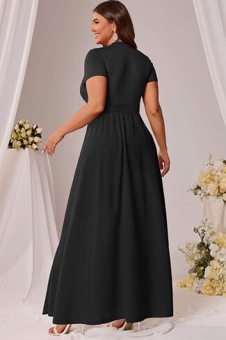 Runwind Women’s Plus Size Maxi Dress Short Sleeve Casusl Summer Long Dress Solid V-Neck Oversized Dresses in Saudi Arabia