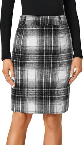 Lyaner Women's Wool Plaid Print High Weist Zipper Bodycon Fall Pencil Midi Skirt Lene in Saudi Arabia