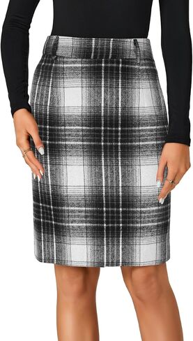 Lyaner Women's Wool Plaid Print High Weist Zipper Bodycon Fall Pencil Midi Skirt Lene in Saudi Arabia