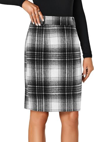 Lyaner Women's Wool Plaid Print High Weist Zipper Bodycon Fall Pencil Midi Skirt Lene in Saudi Arabia