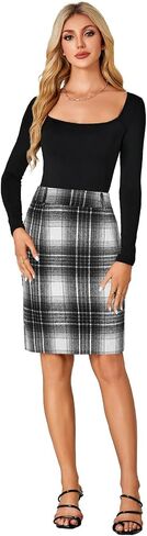 Lyaner Women's Wool Plaid Print High Weist Zipper Bodycon Fall Pencil Midi Skirt Lene in Saudi Arabia