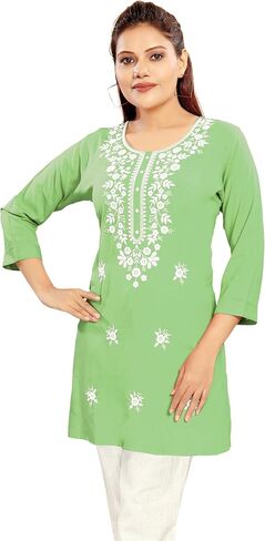 ladyline Chikan Embroidered Rayon Tunic Top for Women - Chikankari Work Ethnic Short Kurti Blouse Shirt in Saudi Arabia