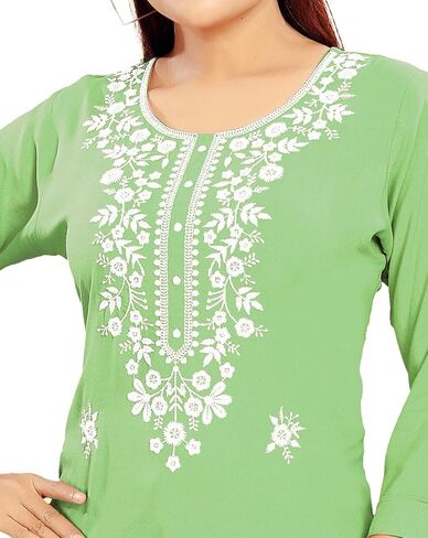 ladyline Chikan Embroidered Rayon Tunic Top for Women - Chikankari Work Ethnic Short Kurti Blouse Shirt in Saudi Arabia