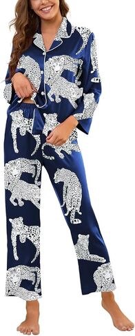 بيجامة حريرية نسائية من Brosloth بأكمام طويلة وأزرار سفلية وطباعة حيوانات لطيفة، مجموعة بيجامة من الساتان in Kuwait