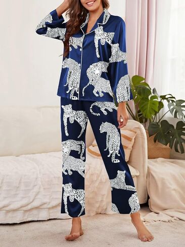 بيجامة حريرية نسائية من Brosloth بأكمام طويلة وأزرار سفلية وطباعة حيوانات لطيفة، مجموعة بيجامة من الساتان in Kuwait