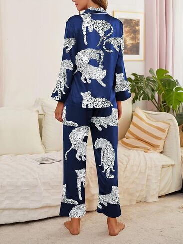بيجامة حريرية نسائية من Brosloth بأكمام طويلة وأزرار سفلية وطباعة حيوانات لطيفة، مجموعة بيجامة من الساتان in Kuwait