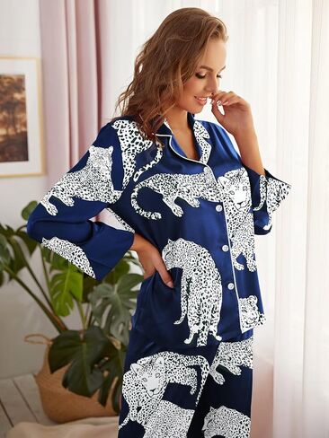 بيجامة حريرية نسائية من Brosloth بأكمام طويلة وأزرار سفلية وطباعة حيوانات لطيفة، مجموعة بيجامة من الساتان in Kuwait