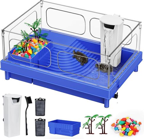Geegoods Turtle Tank, Turtle Aquarium with Filter, Colored Rocks, Brush and Small Plant for for Turtles, Crabs, Crayfish, Small Reptiles in Kuwait