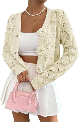 GORGLITTER Women's Button Up Cropped Cardigan Floral Knit Crochet Cute Long Sleeve Sweater Dressy Fashion Trendy 2025 in Saudi Arabia