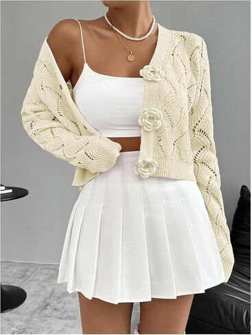 GORGLITTER Women's Button Up Cropped Cardigan Floral Knit Crochet Cute Long Sleeve Sweater Dressy Fashion Trendy 2025 in Saudi Arabia