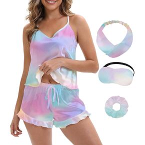 MORFORU Silk Pajamas for Women Satin Pajama Set Camisole Tops Ruffle Shorts with Sleep Mask 2 Piece Pjs Lingerie Set in Kuwait